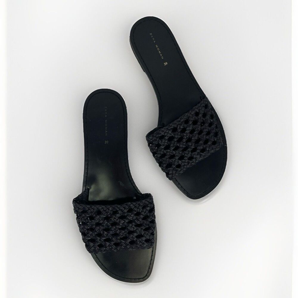 Zara Woman Black Flat Woven Raffia Slip On Sandals Size 39 Coastal Minimalist